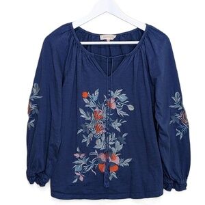 Solitaire Embroidered Floral Peasant Top  Blouse Size M Puff‎ Sleeves Multicolor